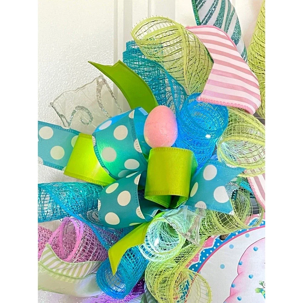 Handmade Easter Girl Bunny Gnome Prelit Ribbon Wreath 22 in LED W8